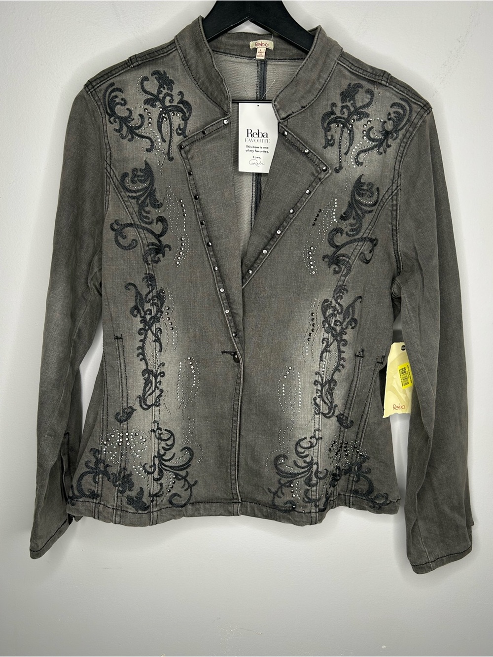 Reba Autumn Edge Grey Studded Embroidered Denim Jacket Size L NWT